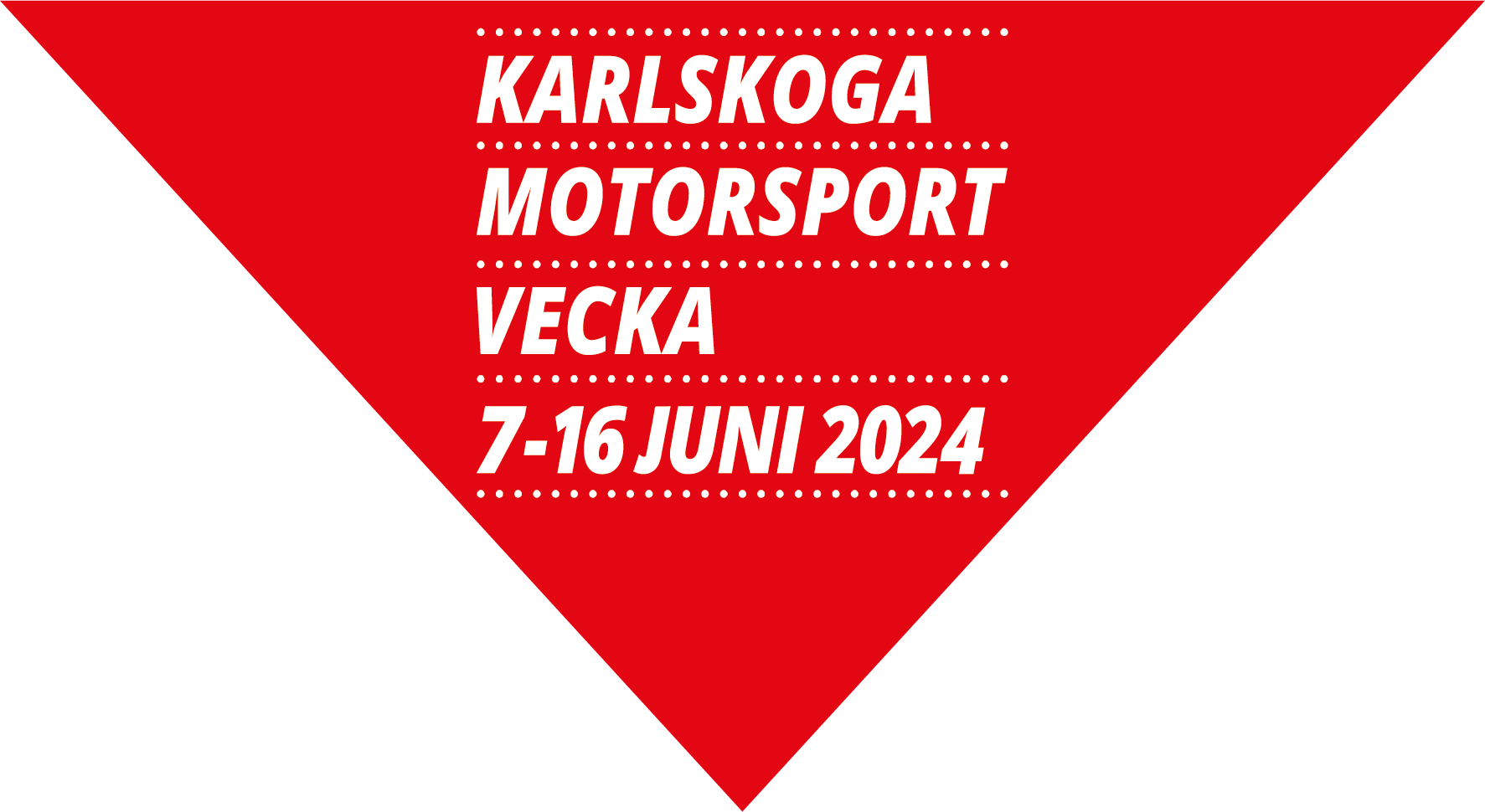 Röd triangel med texten Karlskoga Motorsportvecka 7-16 juni 2024
